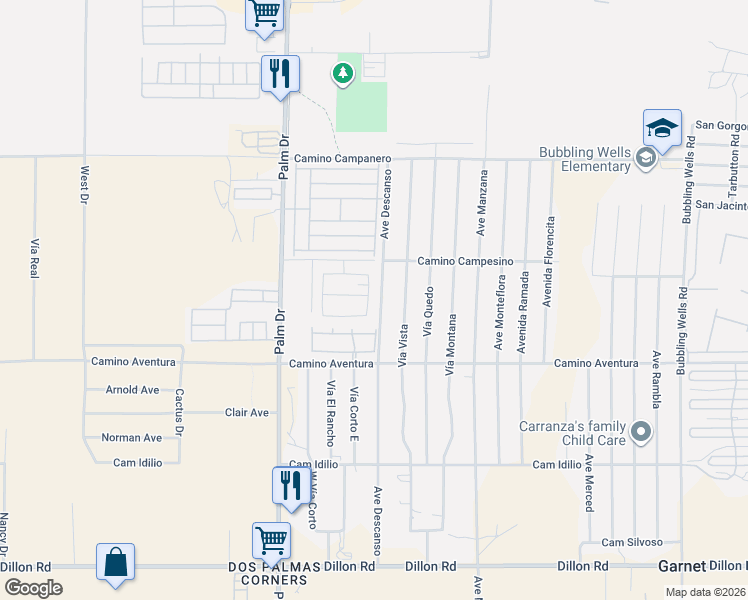 map of restaurants, bars, coffee shops, grocery stores, and more near 15462 Avenida De Cielo in Desert Hot Springs
