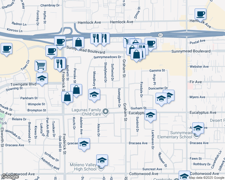 map of restaurants, bars, coffee shops, grocery stores, and more near 23395 Old Valley Drive in Moreno Valley