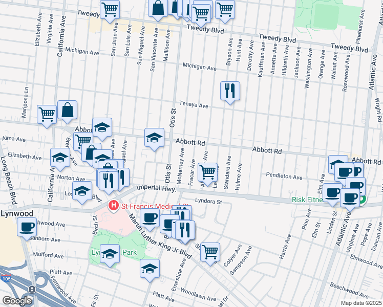 map of restaurants, bars, coffee shops, grocery stores, and more near 10741 Fracar Avenue in Lynwood