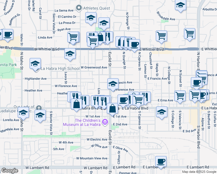 map of restaurants, bars, coffee shops, grocery stores, and more near 309 North Euclid Street in La Habra