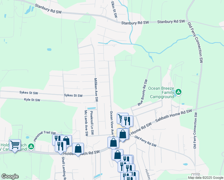 map of restaurants, bars, coffee shops, grocery stores, and more near 2610 Ocean View Ave SW in Brunswick