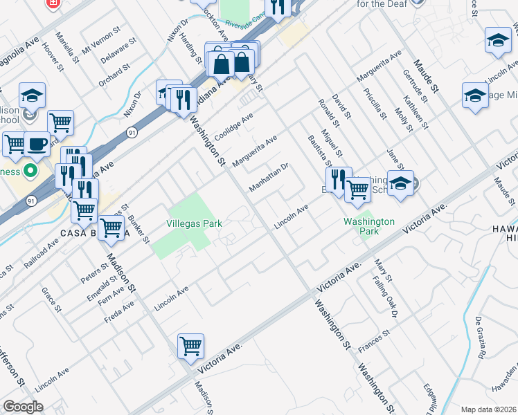 map of restaurants, bars, coffee shops, grocery stores, and more near 2969 Washington Street in Riverside