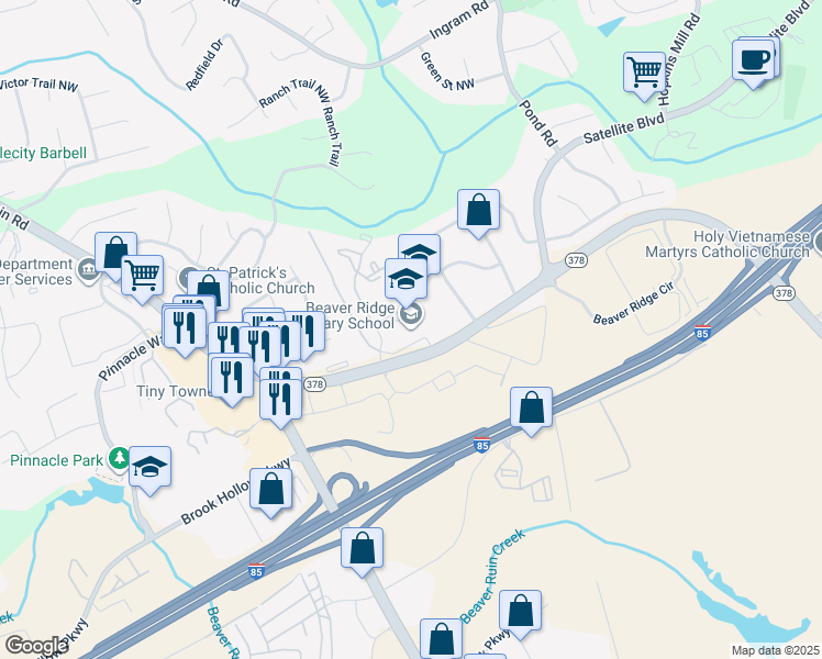 map of restaurants, bars, coffee shops, grocery stores, and more near 1978 Beaver Ruin Road in Norcross