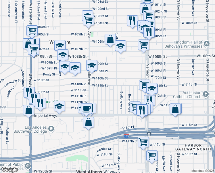 map of restaurants, bars, coffee shops, grocery stores, and more near 11102 Raymond Avenue in Los Angeles