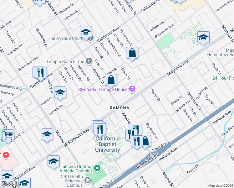 map of restaurants, bars, coffee shops, grocery stores, and more near 3866 Mattie Place in Riverside