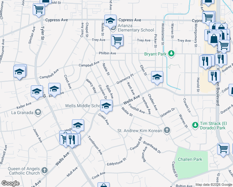 map of restaurants, bars, coffee shops, grocery stores, and more near 5264 Noble Street in Riverside