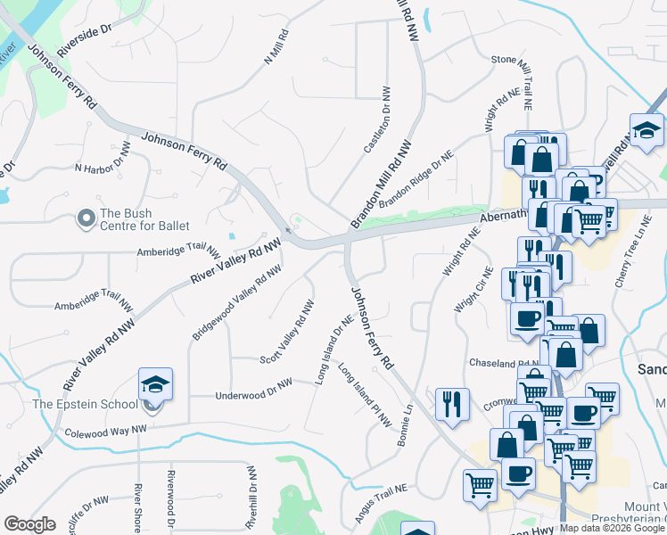 map of restaurants, bars, coffee shops, grocery stores, and more near 220 Johnson Ferry Road in Marietta