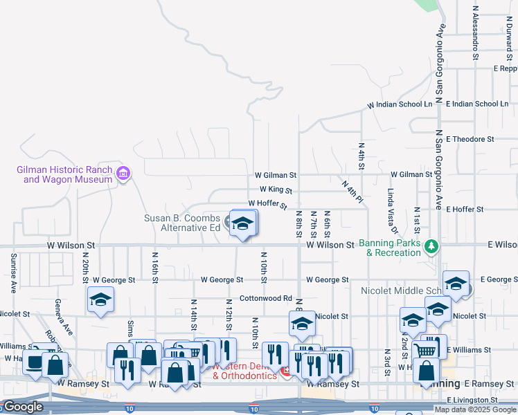 map of restaurants, bars, coffee shops, grocery stores, and more near 1034 West Hoffer Street in Banning