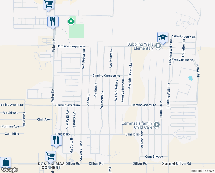 map of restaurants, bars, coffee shops, grocery stores, and more near 15707 Avenue Manzana in Desert Hot Springs
