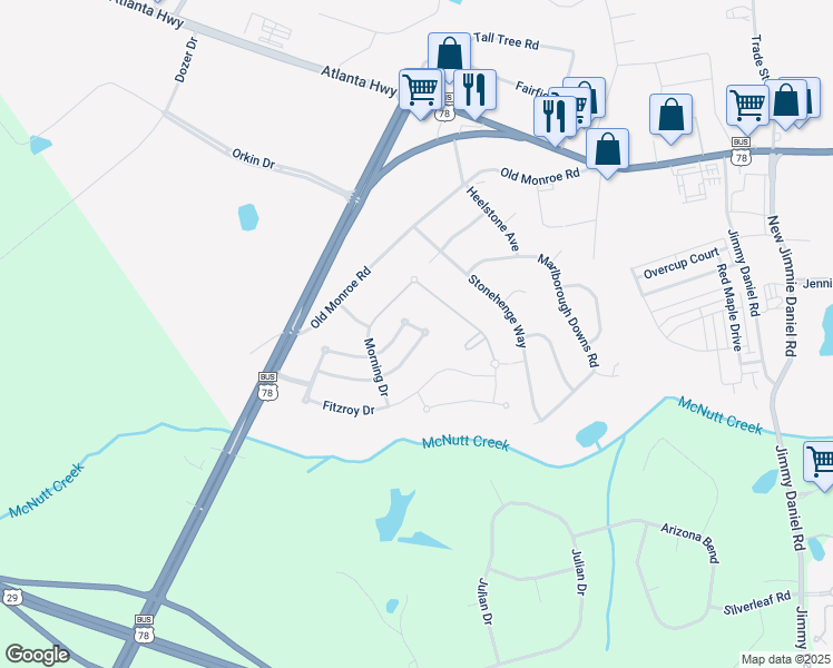 map of restaurants, bars, coffee shops, grocery stores, and more near 677 Holly Springs Court in Bogart