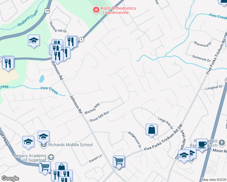 map of restaurants, bars, coffee shops, grocery stores, and more near 229 Mill Ridge Court in Lawrenceville