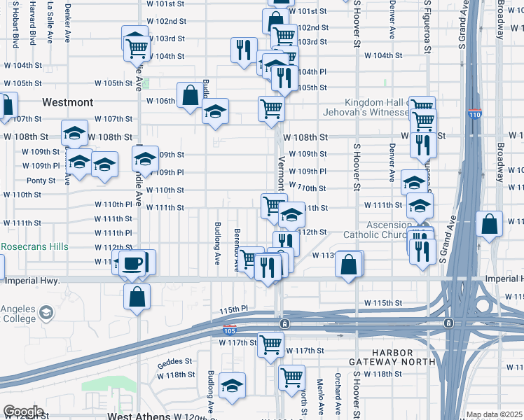 map of restaurants, bars, coffee shops, grocery stores, and more near 11100 South New Hampshire Avenue in Los Angeles