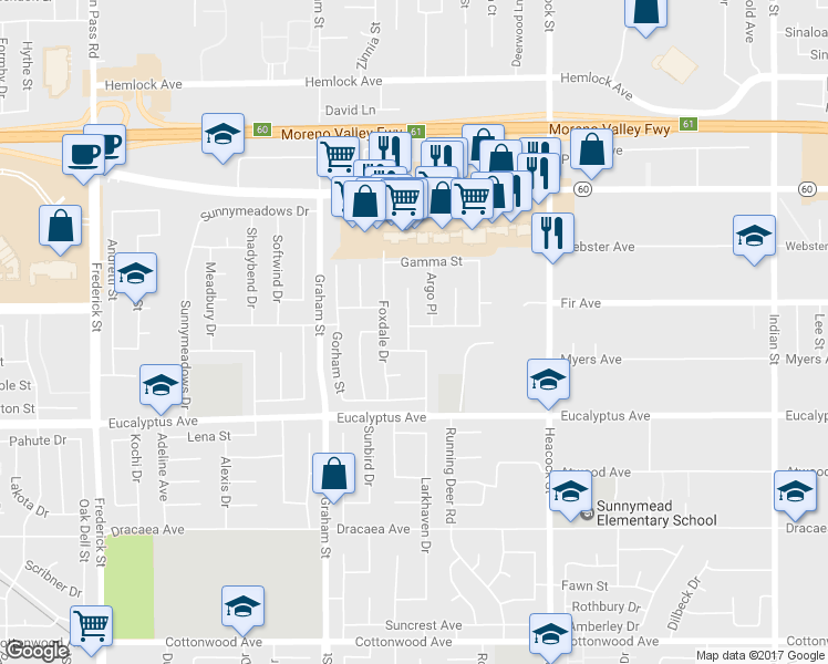 map of restaurants, bars, coffee shops, grocery stores, and more near 23691 Doncaster Drive in Moreno Valley