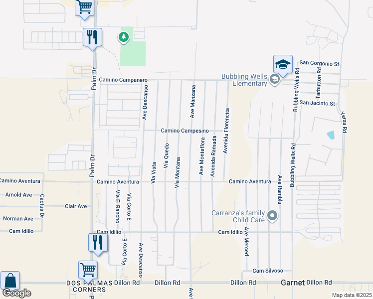map of restaurants, bars, coffee shops, grocery stores, and more near 15707 Avenue Manzana in Desert Hot Springs