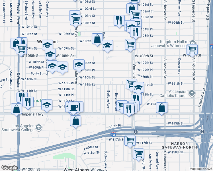 map of restaurants, bars, coffee shops, grocery stores, and more near 11101 South Budlong Avenue in Los Angeles