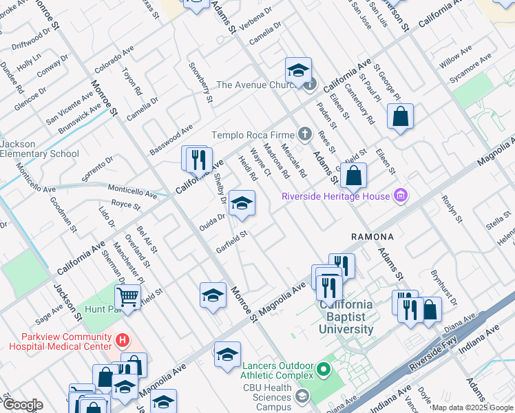 map of restaurants, bars, coffee shops, grocery stores, and more near 8535 Garfield Street in Riverside
