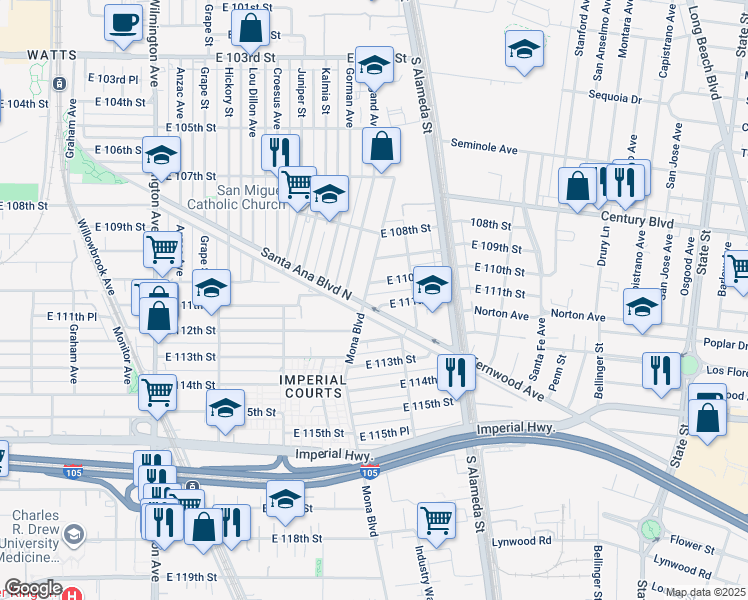 map of restaurants, bars, coffee shops, grocery stores, and more near 2401 Santa Ana Boulevard North in Los Angeles