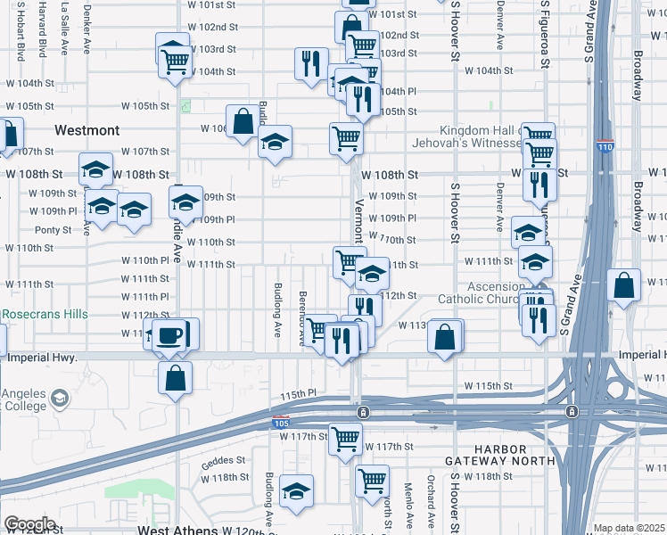 map of restaurants, bars, coffee shops, grocery stores, and more near 11100 South New Hampshire Avenue in Los Angeles