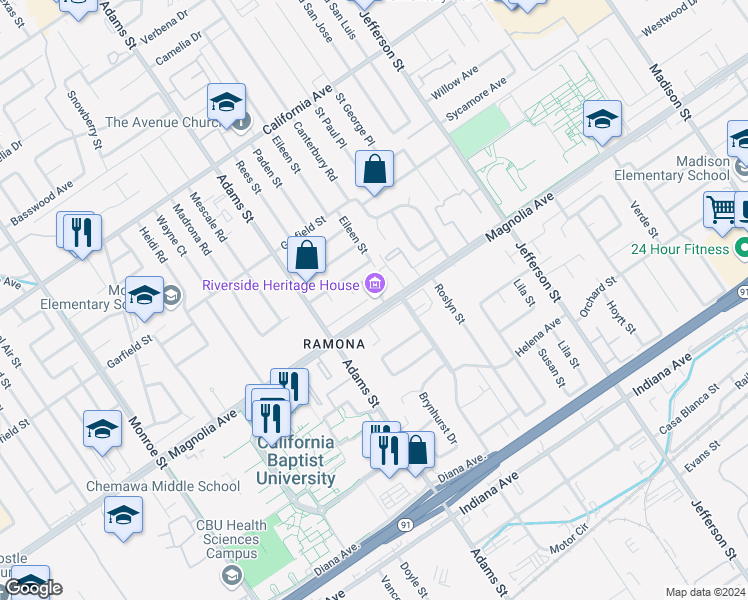 map of restaurants, bars, coffee shops, grocery stores, and more near 8193 Magnolia Avenue in Riverside