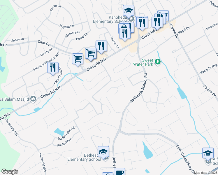 map of restaurants, bars, coffee shops, grocery stores, and more near 2823 Loral Pines Drive Northwest in Lawrenceville