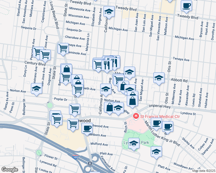 map of restaurants, bars, coffee shops, grocery stores, and more near 3556 Brenton Avenue in Lynwood