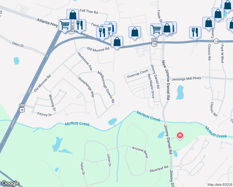 map of restaurants, bars, coffee shops, grocery stores, and more near 185 Sarsen Circle in Bogart