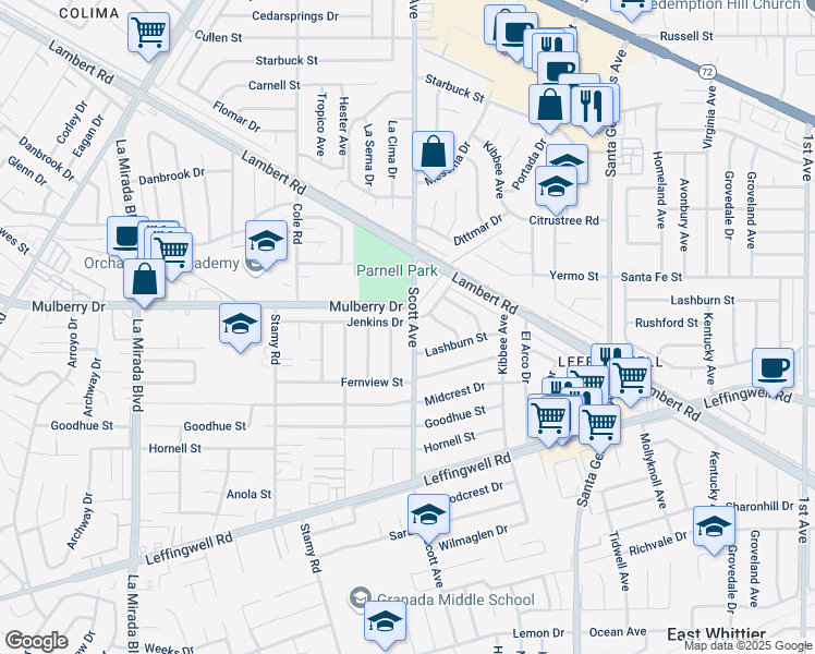 map of restaurants, bars, coffee shops, grocery stores, and more near 15370 Jenkins Drive in Whittier