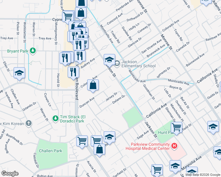 map of restaurants, bars, coffee shops, grocery stores, and more near 9130 Duncan Avenue in Riverside