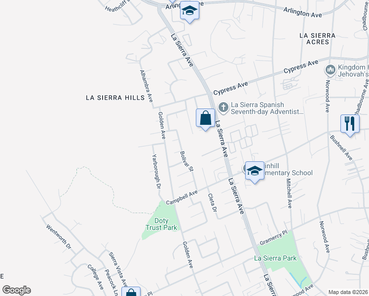 map of restaurants, bars, coffee shops, grocery stores, and more near 5805 Bolivar Street in Riverside