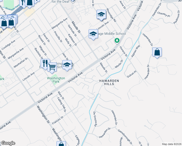 map of restaurants, bars, coffee shops, grocery stores, and more near 6618 Wintertree Drive in Riverside
