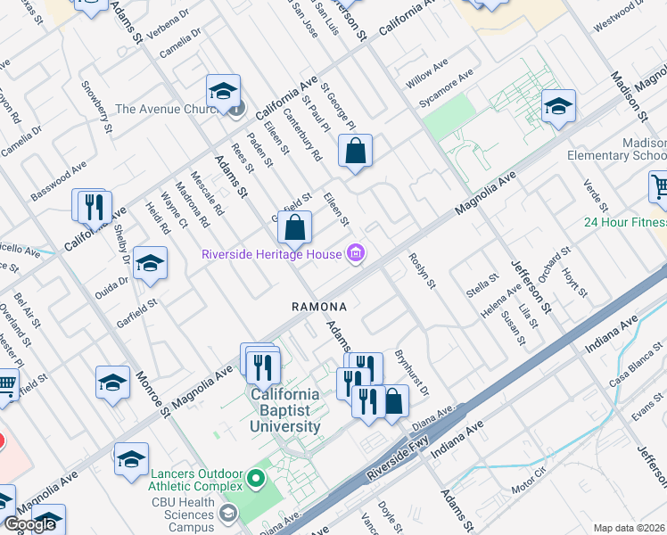 map of restaurants, bars, coffee shops, grocery stores, and more near 3827 Gates Place in Riverside
