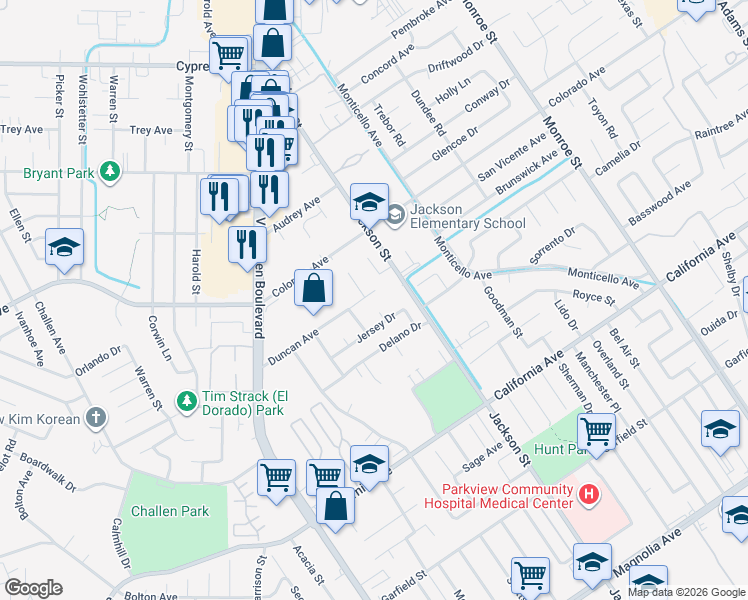 map of restaurants, bars, coffee shops, grocery stores, and more near 9130 Duncan Avenue in Riverside
