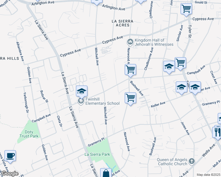map of restaurants, bars, coffee shops, grocery stores, and more near 10730 Campbell Avenue in Riverside