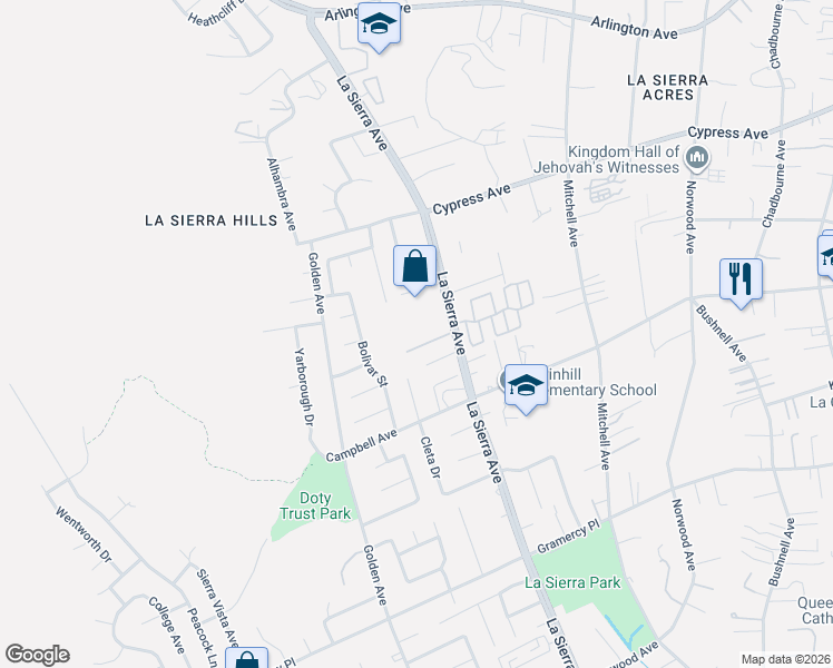 map of restaurants, bars, coffee shops, grocery stores, and more near 5778 La Sierra Avenue in Riverside