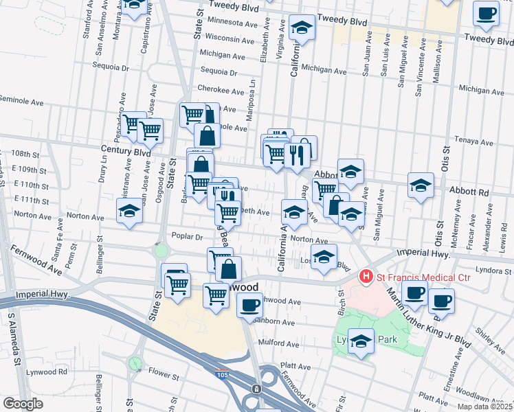 map of restaurants, bars, coffee shops, grocery stores, and more near 3365 Elizabeth Avenue in Lynwood
