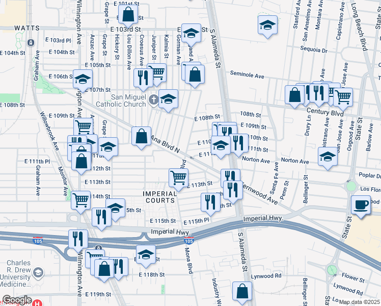 map of restaurants, bars, coffee shops, grocery stores, and more near 2401 Santa Ana Boulevard North in Los Angeles