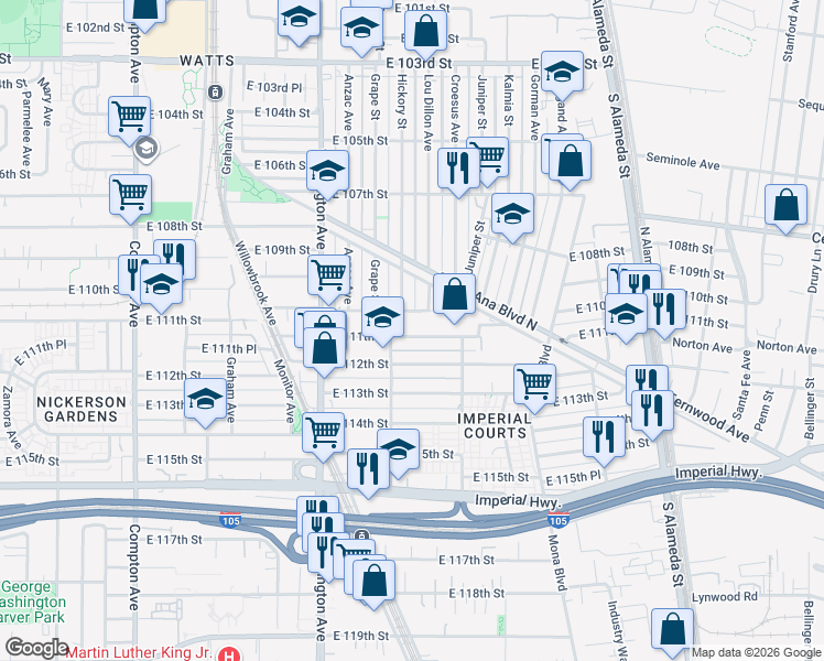 map of restaurants, bars, coffee shops, grocery stores, and more near 2005 East 111th Street in Los Angeles