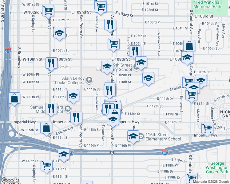 map of restaurants, bars, coffee shops, grocery stores, and more near in Los Angeles