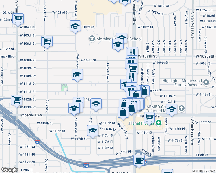 map of restaurants, bars, coffee shops, grocery stores, and more near 11113 Lemoli Avenue South in Inglewood