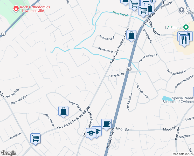 map of restaurants, bars, coffee shops, grocery stores, and more near 332 Darnell Terrace in Lawrenceville