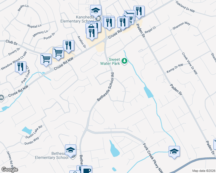 map of restaurants, bars, coffee shops, grocery stores, and more near 759 Bethesda School Road in Lawrenceville