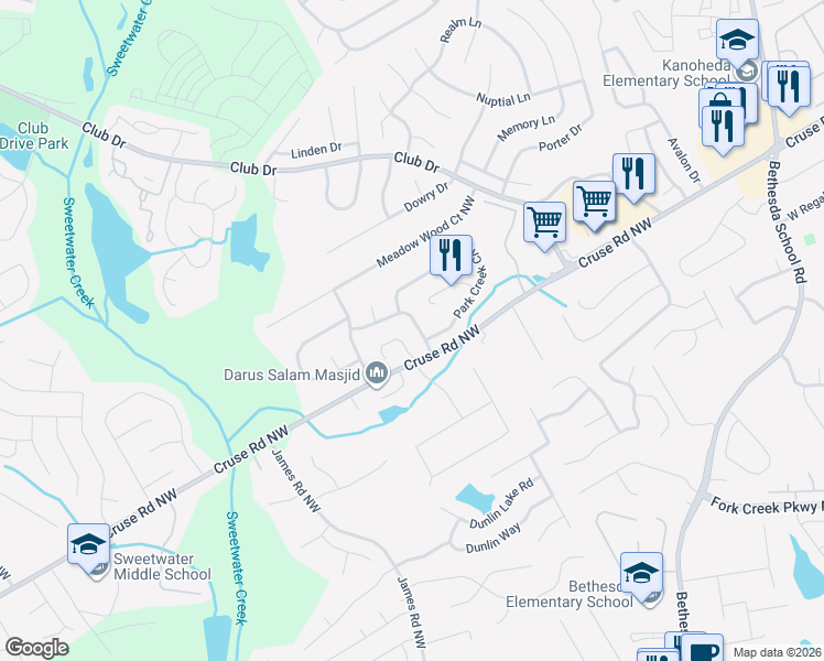 map of restaurants, bars, coffee shops, grocery stores, and more near 3010 Meadowview Lane in Lawrenceville