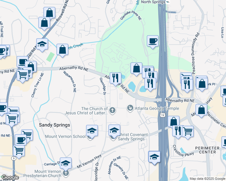 map of restaurants, bars, coffee shops, grocery stores, and more near 6600 Alastair Drive in Sandy Springs