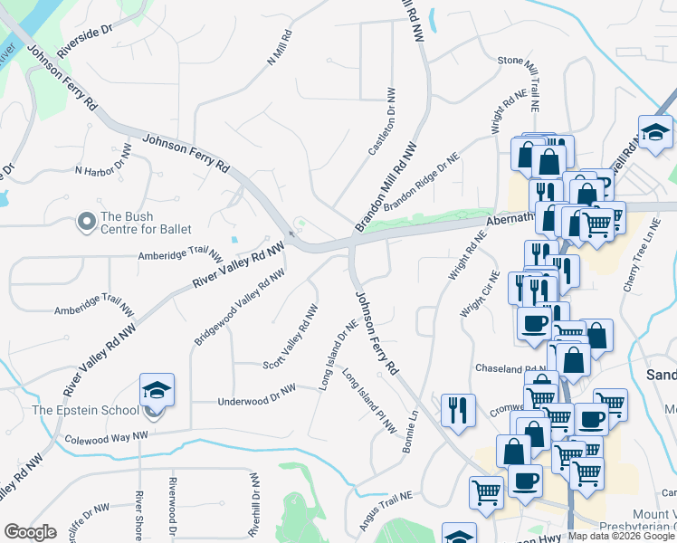 map of restaurants, bars, coffee shops, grocery stores, and more near 220 Johnson Ferry Road in Marietta