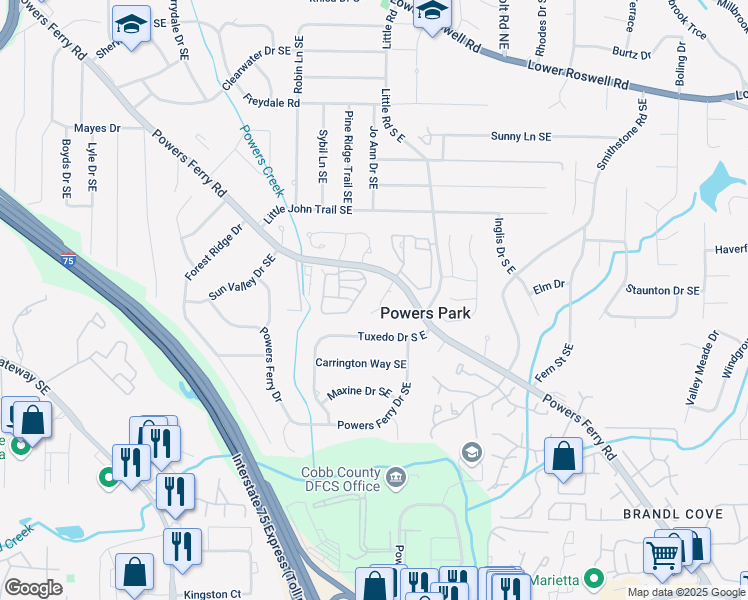 map of restaurants, bars, coffee shops, grocery stores, and more near 827 Bonnie Glen Drive Southeast in Marietta