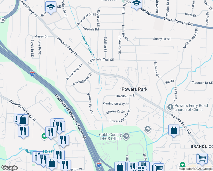 map of restaurants, bars, coffee shops, grocery stores, and more near 728 Gardenside Circle Southeast in Marietta