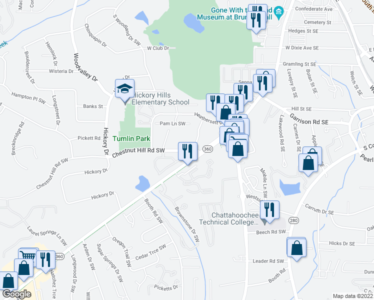 map of restaurants, bars, coffee shops, grocery stores, and more near 246 Chestnut Hill Road Southwest in Marietta