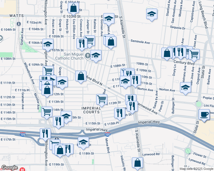 map of restaurants, bars, coffee shops, grocery stores, and more near 2401 Santa Ana Boulevard North in Los Angeles