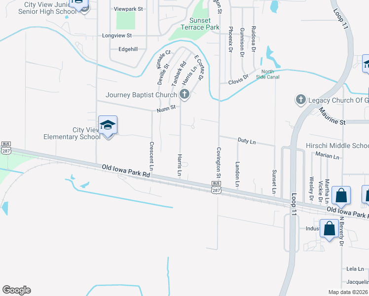 map of restaurants, bars, coffee shops, grocery stores, and more near 1019 Harris Lane in Wichita Falls