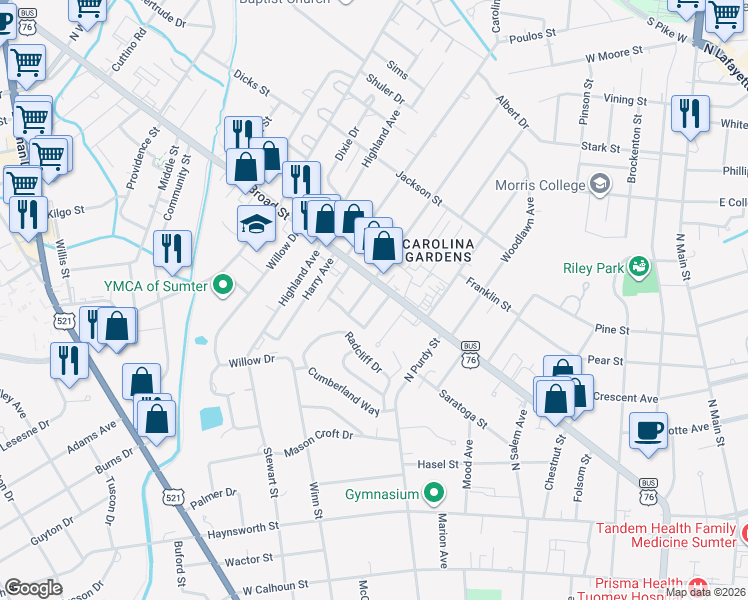map of restaurants, bars, coffee shops, grocery stores, and more near 8 Hatfield Street in Sumter